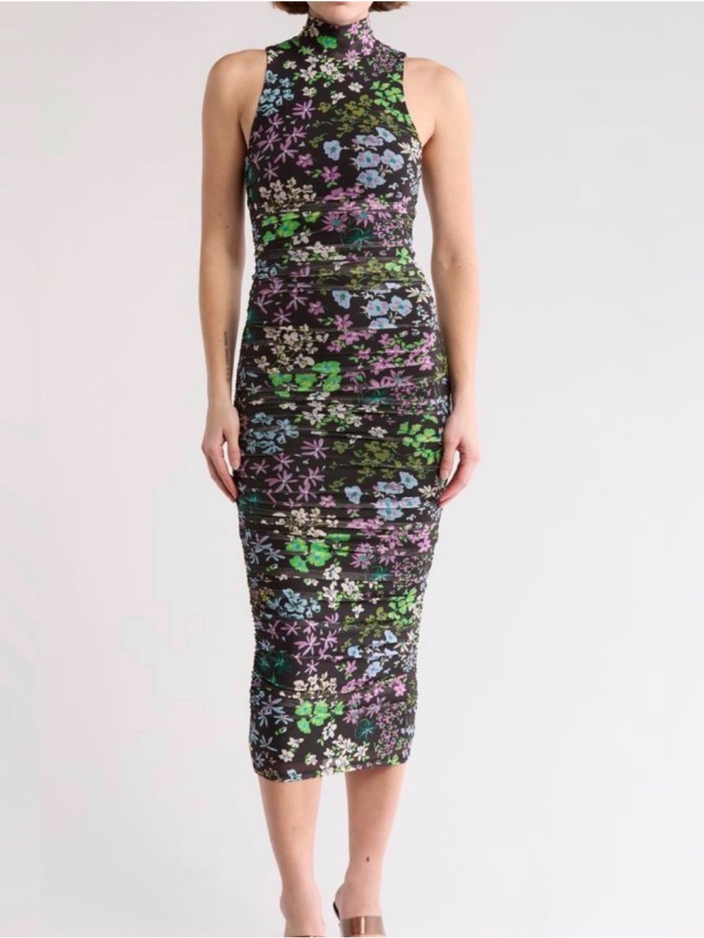 Black Floral High-Neck Bodycon Midi Dress